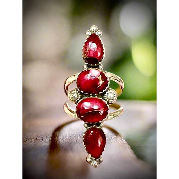 LStunning Red Rose Dahlia Teardrop Four Stone Long Ring Size 8 - Picture 1 of 8